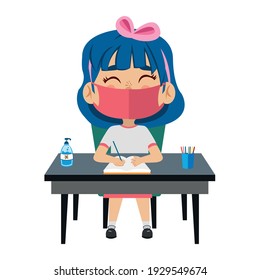 Girl studying wearing a face mask. Back to school - Vector illustration