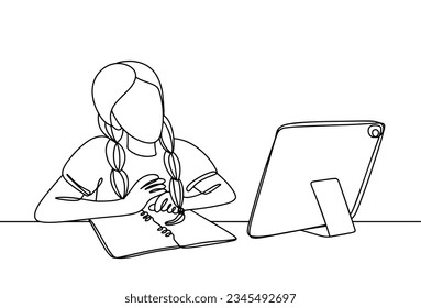 The girl is studying while watching the lesson on the tablet. Distance education.Education Freedom Day. One line drawing for different uses. Vector illustration.
