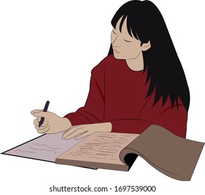 A girl is studying with a white background. Flat vector illustration. Good for shop, media, education, advertising, etc.