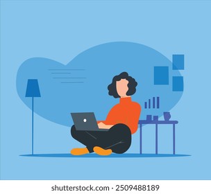 a girl studying or working at home in peace, bright colorful vector illustration . character illustration of a girl working at home in casual dressing a software engineer coding at home in the drawing