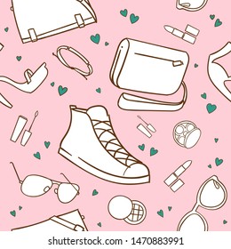 Girl Stuff Seamless Pattern, Simple Illustration, Isolated Vector