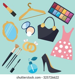 girl stuff woman things fashion vector object icon set 