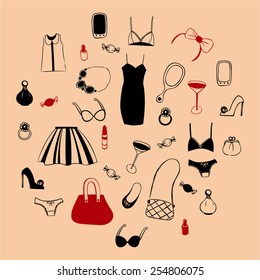 Girl stuffs vector. Accessories for women, freehand drawing 