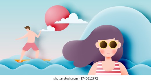 Girl with stunning summer nature background in paper art style and pastel color scheme vector illustration