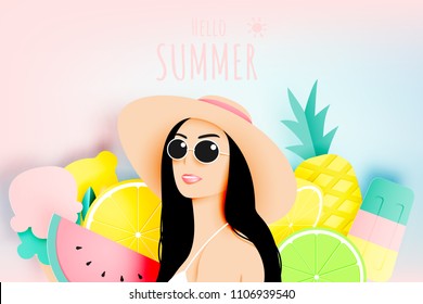 Girl with stunning summer tropical fruits background in paper art style and pastel color scheme vector illustration