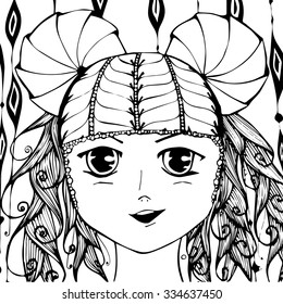 Girl in the style of anime. Black and white hand-drawn. Coloring book. Anti-stress.