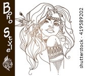 Girl in the style of boho. Indian woman with traditional make up and in chief headdress looking to the side. Boho style fashion girl. Coloring page. Vector