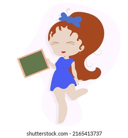 A girl in the style of chibi. A female character in a pink dress and red hair. High tail. A simple composition.