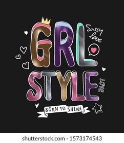 girl style colorful foil print slogan on black background