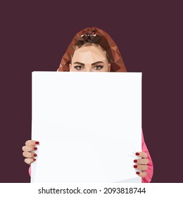 A girl in the style of low-polly. A girl holds a canvas in her hands for drawing. Space for text and advertising