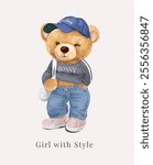 girl with style slogan with cute girlu bear doll in street style fashion vector illustration