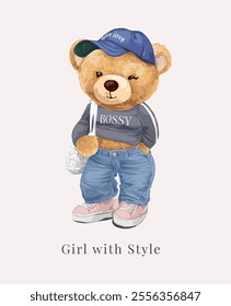 girl with style slogan with cute girlu bear doll in street style fashion vector illustration