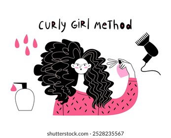 Girl styles her curls with a spray. Vector illustration of curly method.