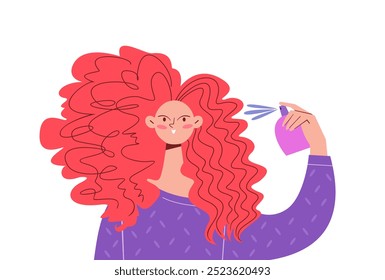 Menina estimula seu cabelo com um spray para cabelo encaracolado. Método curly de ilustração de vetor.