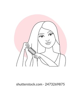 Girl styling hair with round brush, hair care procedure at home vector illustration