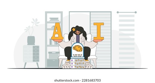 Girl with stylish attire holding AIinfused brain, vector art.