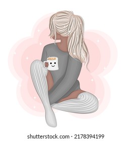 Girl Stylish blonde in stockings drinking coffee, trendy vector illustration print on textiles, postcard, or packaging