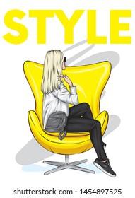 The girl in stylish clothes sits in an armchair. Vector illustration for postcard or poster, print for clothing and accessories. Fashion and style, beauty.