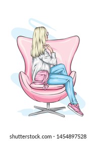 The girl in stylish clothes sits in an armchair. Vector illustration for postcard or poster, print for clothing and accessories. Fashion and style, beauty.