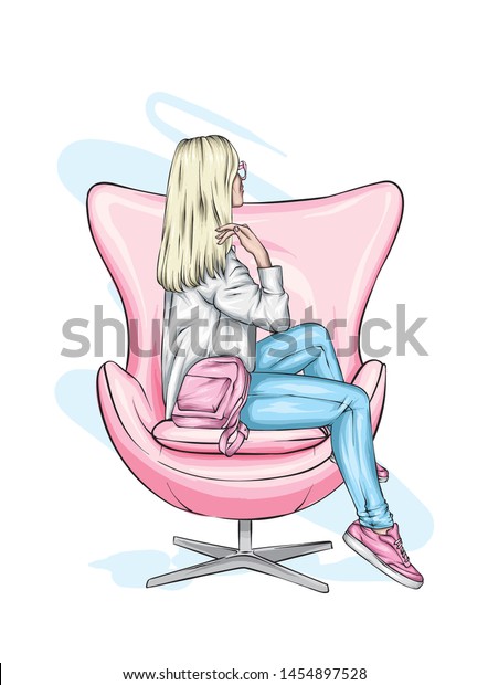 おしゃれな服を着た女の子は肘掛け椅子に座る はがきやポスター 服やアクセサリー用のベクターイラスト ファッションとスタイル 美しさ のベクター画像素材 ロイヤリティフリー