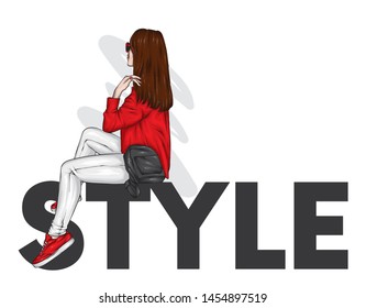 The girl in stylish clothes is sitting on the inscription. Vector illustration for postcard or poster, print for clothing and accessories. Fashion and style, beauty.