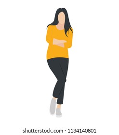 
Girl in stylish jeans and sweatshirt with straight untied hairs standing with one leg up and arms folded
