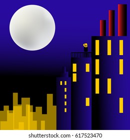 A girl in a stylish yellow hat stands on a city rooftop and gazes at the moon.