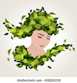 Girl stylized profile design with green flying leaves, vector illustration