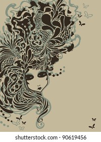 Girl with stylized rococo hairstyle. Vector illustration.
