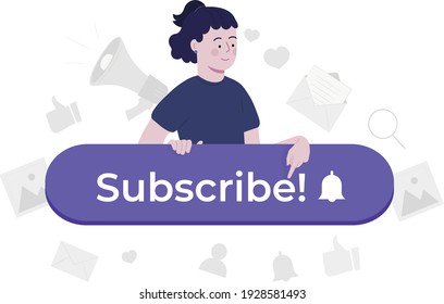 Chica con botón de suscripción. Cartel de suscripción, email marketing. Suscripción a noticias, promociones. Enviando un mensaje, recibiendo correo. Plantilla de botones. 