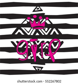 girl subtitle with crown on striped background, T-shirt design for girls vector illustration