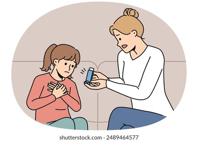 Girl suffering from asthma sits near mother with inhaler during allergic attack that makes it difficult to breathe. Caring woman helping daughter cope with asthma taking care of health of minor child