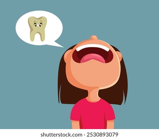 
Chica que sufre de un problema de mal diente Ilustración vectorial. Niño que se siente triste después de su dentadura postiza sufre de comer dulces 
