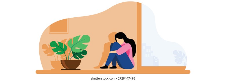 Girl suffering from depression icon illustration