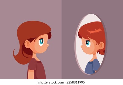 
Girl Suffering from Gender Dysphoria Looking in the Mirror. Person born with gender dysphoria trying to find identity at young age 
