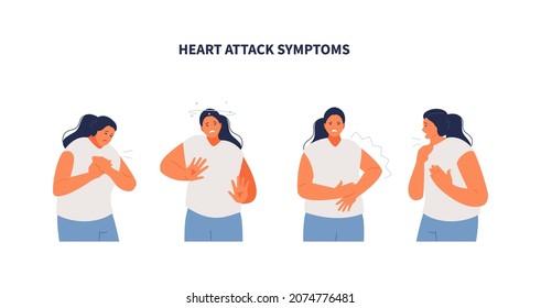 Girl suffering from heart attack symptoms. Myocardial infarction. Chest pain, dizziness, left numbness and shortness of breath
