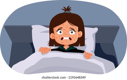 
Girl Suffering from Measles Resting in Bed Vector Cartoon Illustration. Unhappy child having chickenpox infectious childhood disease
