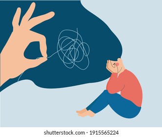 Girl suffering from mental health, sadness, pain or fatigue get a help. Psychology and psychology support a woman with depression and stress. Hand unravel the negative tangle of thoughts of a female.