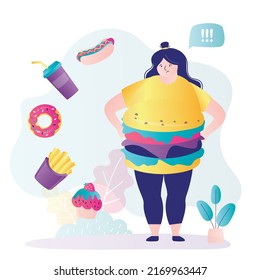 Girl suffering from overeating and eating disorder. Woman sad because of being overweight. Female character eats lot of unhealthy food. Concept of food addiction, bulimia. Flat vector illustration