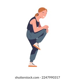 Girl suffering from pain in her knee. Young woman feeling pain in body caused by illness or injury cartoon vector illustration