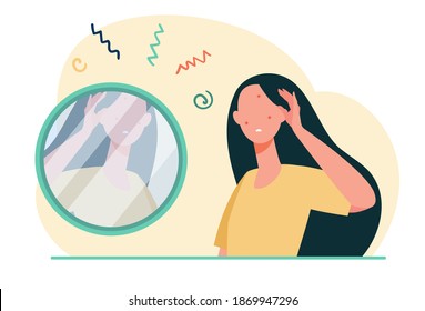 Girl suffering from skin problems. Woman with acne looking in mirror flat vector illustration. Cosmetology, health care concept for banner, website design or landing web page