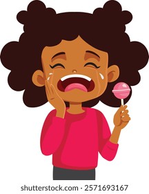 
Girl Suffering Toothache Vector Unhappy Child Character. Sad unhappy child feeling in pain after eating too much sugar 
