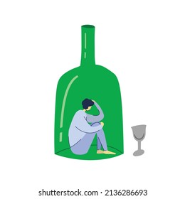 The girl suffers from alcoholism. A man is sitting in an alcohol bottle