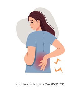 The girl suffers from back pain. Back pain. Sick spine.