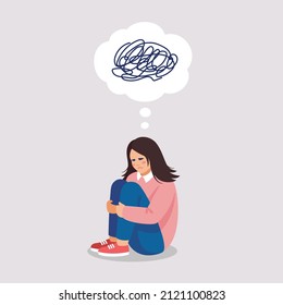Girl is suffers by symptom of depressive disorder. Vector illustration about mental problems in flat style.