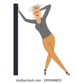 The girl suffers from dizziness. Loss of balance. Headache. Vector illustration in flat style