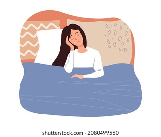 Girl suffers from insomnia concept. Woman lying on bed, suffering from headache and having difficulty falling asleep. Sleep disorder, stress and lack of melatonin. Cartoon flat vector illustration