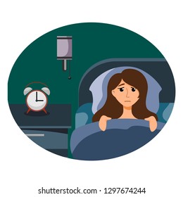 The girl suffers from insomnia, she lies in bed and cannot sleep. Vector illustration in cartoon style.