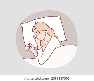 Girl suffers from insomnia. Woman lying on pillow, suffering from headache and having difficulty falling asleep. Hand drawn style vector design illustrations.