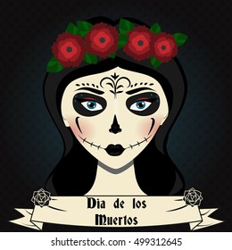 Girl with sugar skull calavera make up and roses wreath . Mexican day of dead vector illustration. Dia de los Muertos greeting card, party invitation, banner